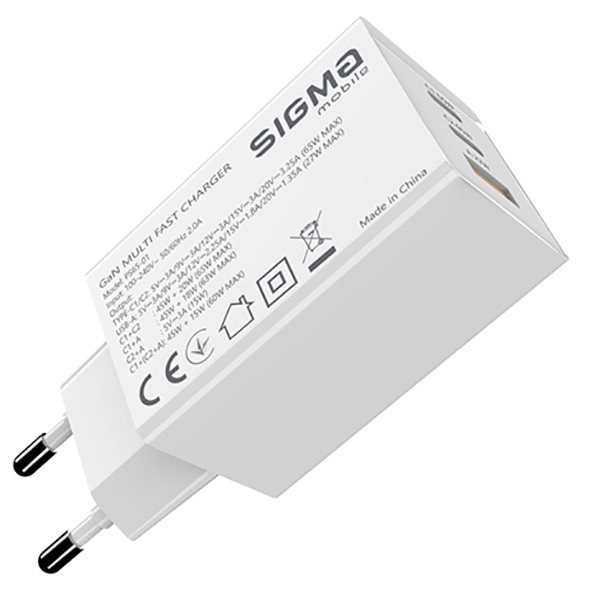 Мережевий зарядний пристрій Sigma mobile X-power 65W GaN, PD, QC (2xUSB-C + 1xUSB-A) White (PS65-01)